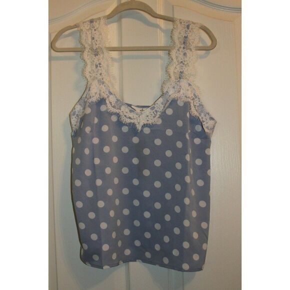 Akaiv Polyester Top Medium Blue White Womens Polka Dot Lace Cami Sleeveless New - Picture 1 of 6